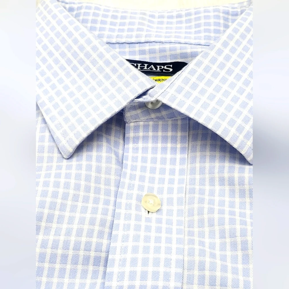 Chaps Men's Comfort Fit Wrinkle Free Blue/White‎ Plaid Dress Shirt Size 34/35
